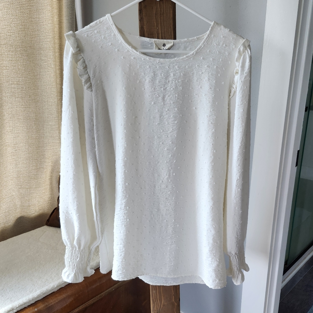 Les Amis Elegant White Swiss Dot Women's Blouse, Size L, Made in USA